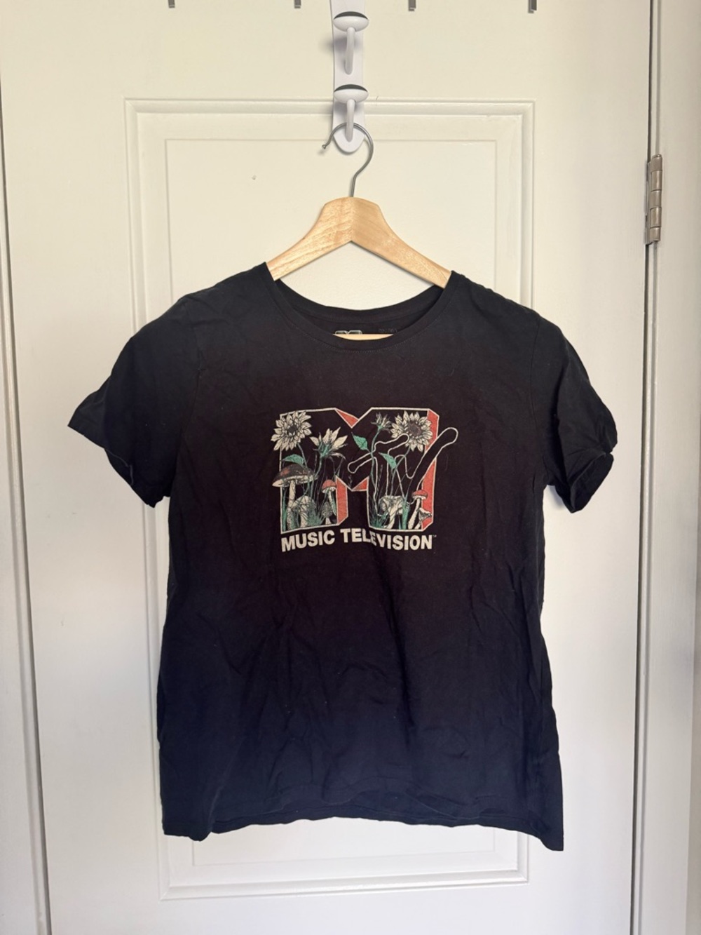 MTV Black Graphic Tee with Floral and Logo Accents